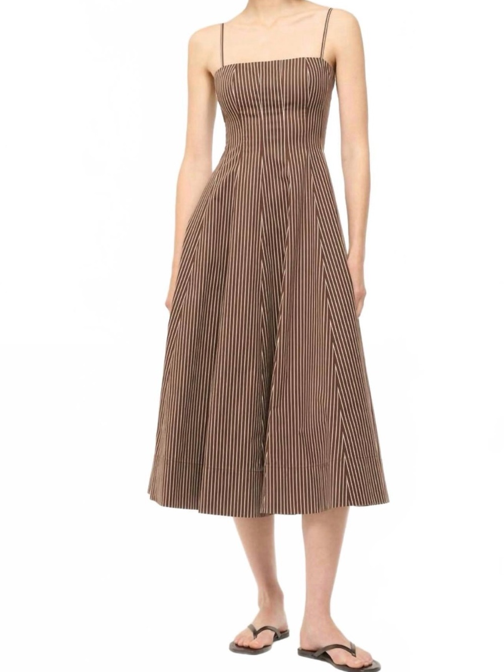 Brown Pinstripe Spaghetti-Strap Midi Dress